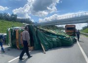 Muatan Sayur Berserakan Akibat Truk Kecelakaan di Tol Pekanbaru-Dumai